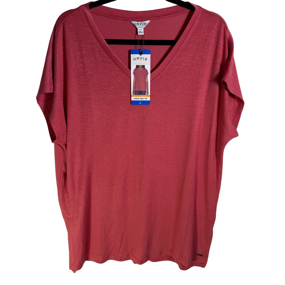 Orvis Womens V-Neck Tunic Top Coral Pink Short Sleeve Relaxed Fit Large NWT